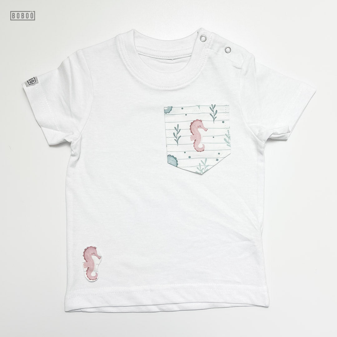 Camiseta bolsillo caballito rosa