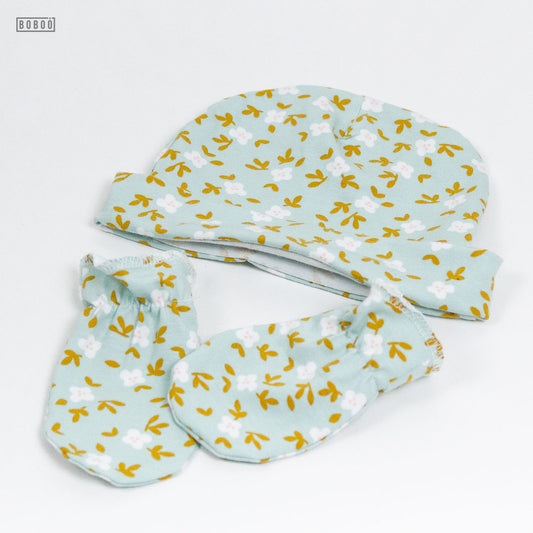 Gorro y Manoplas Flores Mint